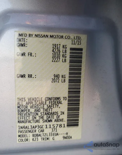 2016 Nissan Altima 2.5 из США, поврежденный, VIN 1N4AL3AP3GC115781